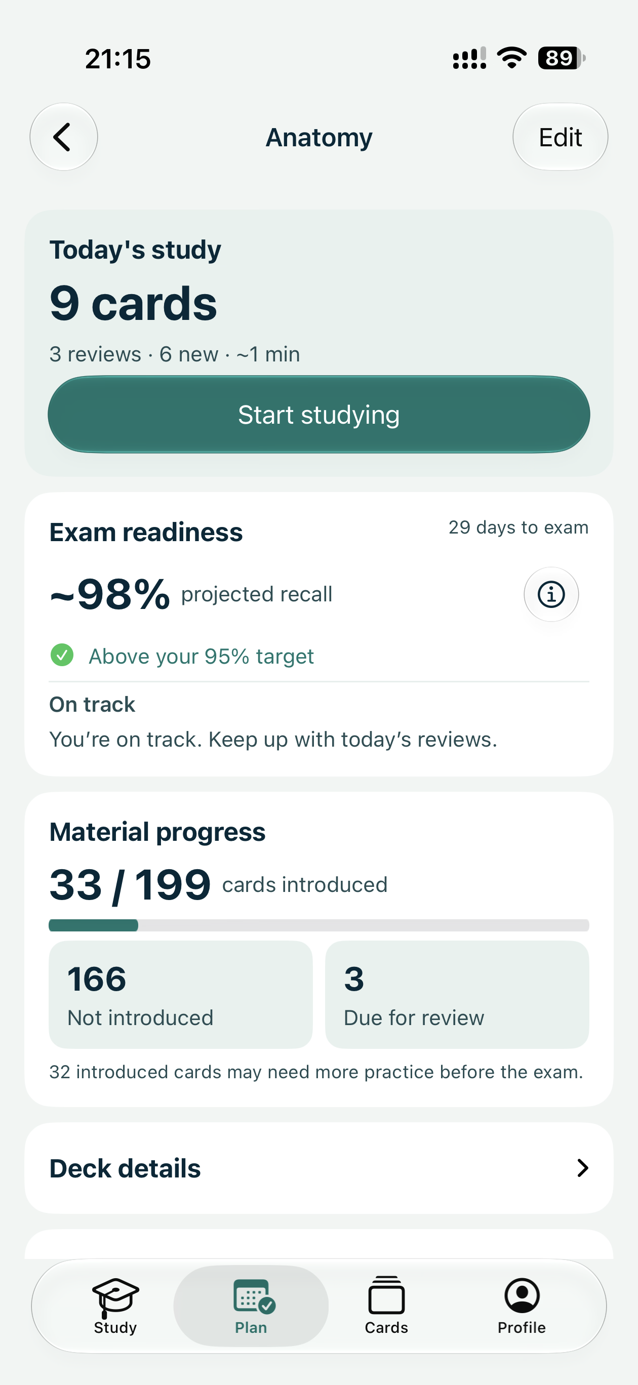 Anatomy exam details in Fishki: today’s study plan, projected recall and material progress.